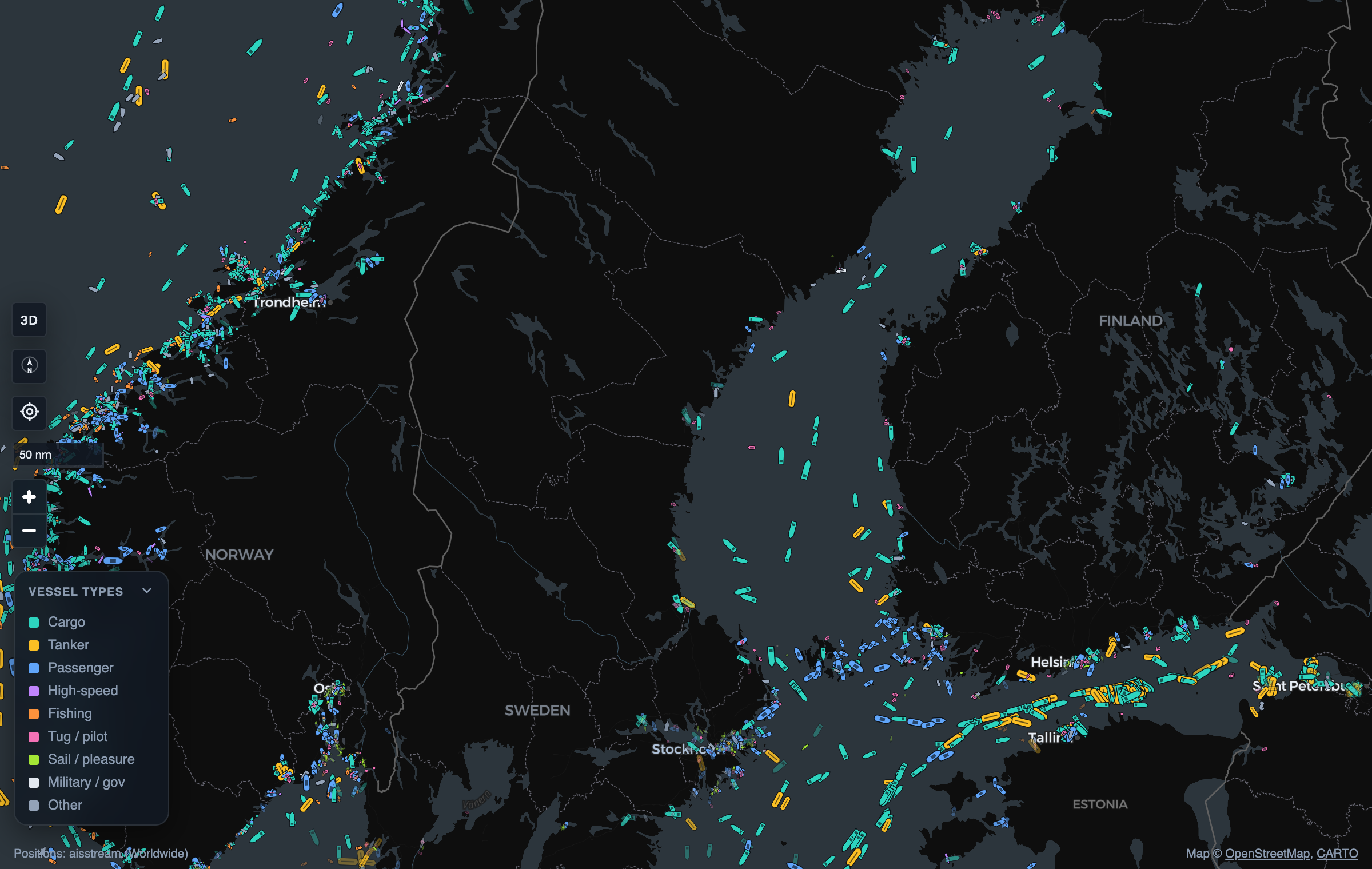The Shiptrail map: ships at sea, each drawn as a small colored marker on a dark map.